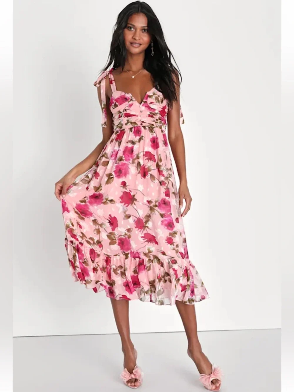 Lulu’s Pink Floral Tie-Shoulder Midi Dress - Picture 2 of 14